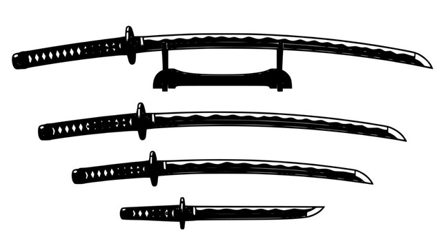 Japanese Swords Set with Four Traditional Katana Silhouettes and Distinctive Tsuba Guards for Vector Design