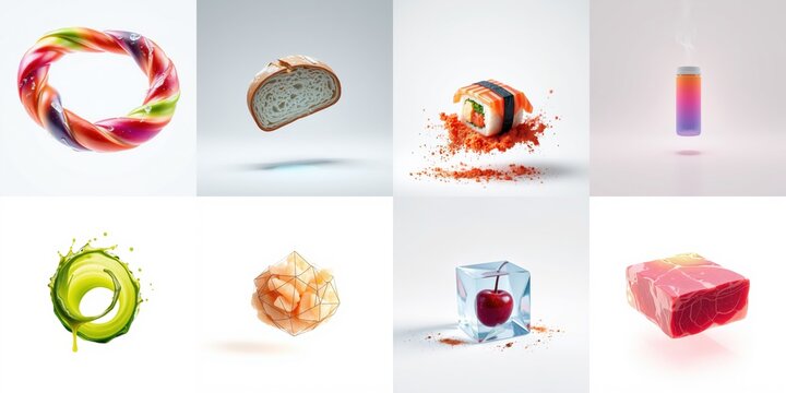 Various food items float against dark background. Bright colors, artistic presentation, studio lighting present diverse textures.