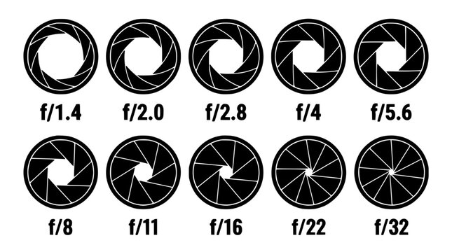 Aperture Diagrams Set with Black Circular Outlines Showing F-Stops Like F/1.4, F/2.0, F/2.8, and F/5.6