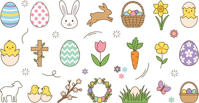 Cute Easter holiday collection featuring decorated eggs bunnies chicks spring flowers and festive celebration elements