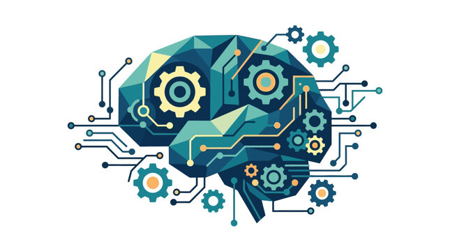 Futuristic geometric digital brain with gears and circuit lines representing artificial intelligence flat vector illustration.