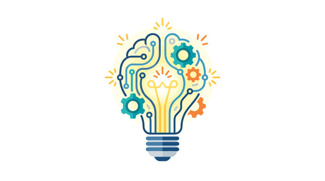 Innovative brain lightbulb with gears and digital circuit lines representing creative intelligence flat vector illustration.