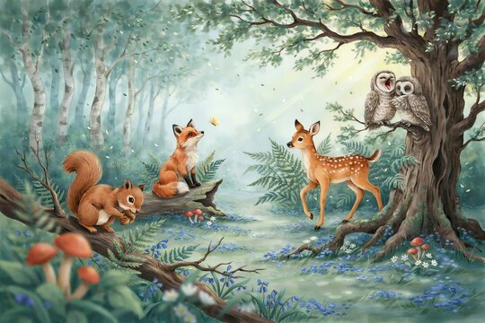 Enchanted forest scene with a squirrel, a fox, a young deer, and two owls perched in a tree, surrounded by blue flowers, ferns, and soft sunlight