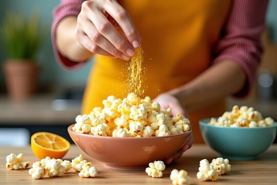 Vibrant Kitchen Scene: Hands Sprinkling Nutritional Yeast on Freshly Popped Popcorn for a Healthy Snack.