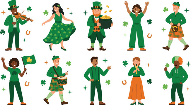 PrintVector illustration collection of diverse people celebrating Saint Patricks Day holiday wearing green outfits clothes top hats kilt playing violin drum holding flag clover shamrock