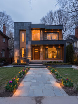 dusk exterior of a modern duplex home with illuminated interior windows and warm exterior lights, minimalist front garden with manicured grass and seasonal flowers, stone pathway leading to 