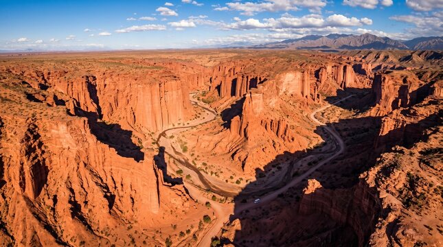 Stunning aerial view of the red sandstone cliffs and winding canyons of Talampaya National Park in La Rioja, Argentina, featuring dramatic rock formations under a vibrant blue sky.