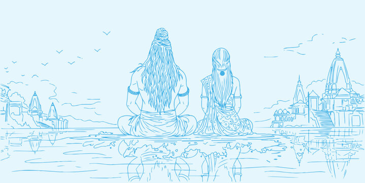 Lord Shiva and Parvati Hindu god Design Element. Sketch or Drawing of Shiva Parvati Outline Editable Vector Illustration