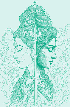 Lord Shiva and Parvati Hindu god Design Element. Sketch or Drawing of Shiva Parvati Outline Editable Vector Illustration