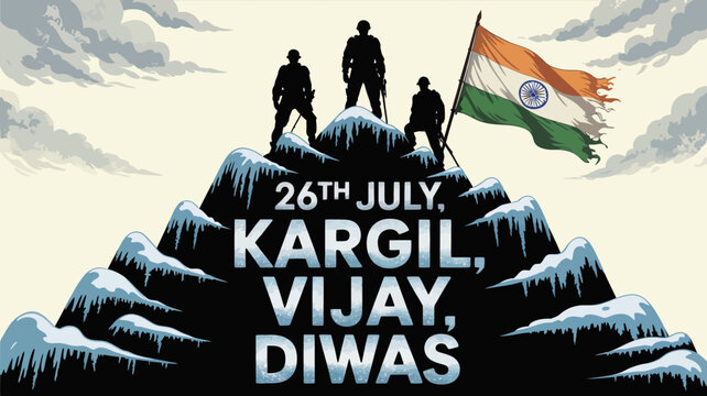 26th July Kargil Vijay Diwas greeting banner with bold typography on snowy mountain peak and soldiers silhouette above clouds