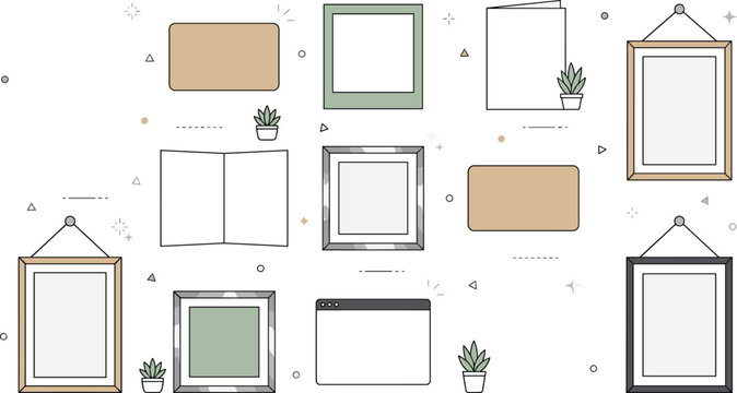 Vector illustration collection of minimalist blank frames hanging pictures polaroids browser window note cards and small potted succulent plants for modern graphic design layout template