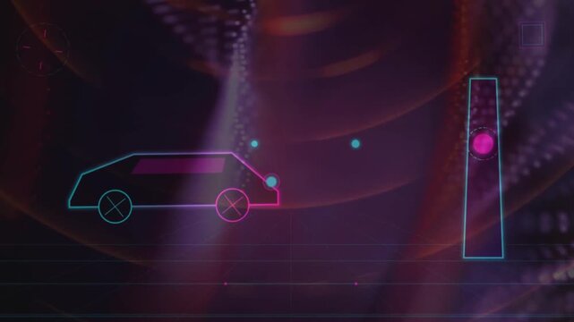 Neon car outline driving through a futuristic digital data environment