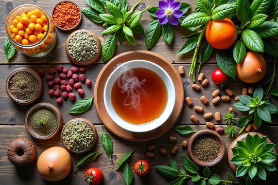Vibrant Herbal Remedies and Natural Supplements Artfully Arranged in a Rustic Flat Lay