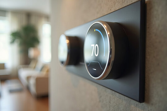 Close-Up of a Sleek Smart Thermostat Elegantly Integrated into a Stylish Wall Panel, Highlighting its Minimalist Design and Contemporary Aesthetic in a Luxurious Interior