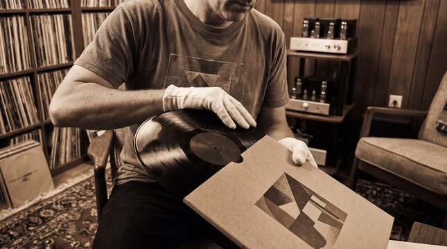 Vinyl record collector in white gloves carefully removes rare lp from sleeve in vintage audio room