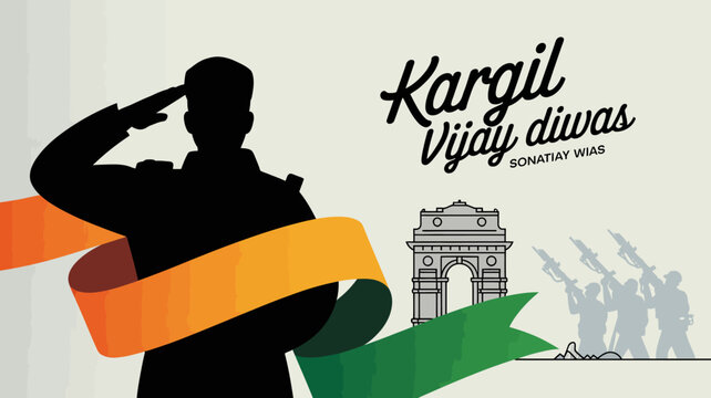 Kargil Vijay Diwas vector greeting banner with saluting soldier silhouette flowing tricolor ribbon and India Gate illustration