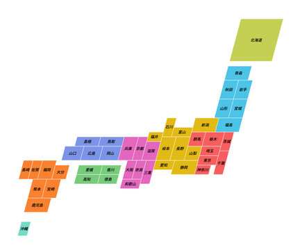 簡略化された日本地図　都道府県名入り　地方別　県別（ベクターデータは都道府県ごとにレイヤー分け）	