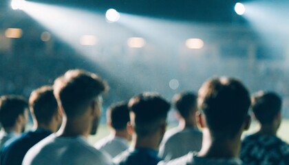 Obraz premium Blurred group of spectators viewed from behind under intense stadium spotlights, capturing shared anticipation, athletic event atmosphere, teamwork, competition, and immersive crowd energy