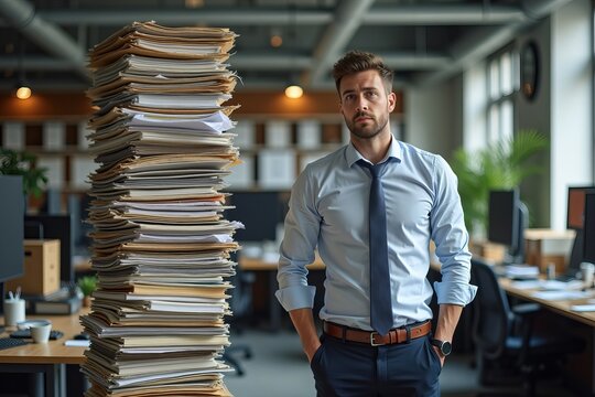 Professional Amidst a Chaotic Office: A Determined Stance Beside a Towering Pile of Files and Folders