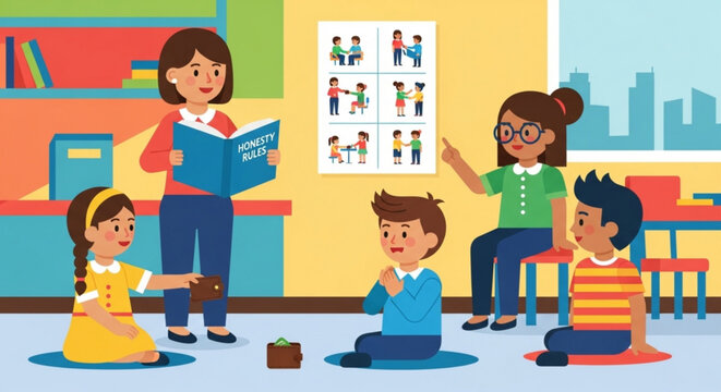 Kids learn honesty rules in classroom with teacher reading