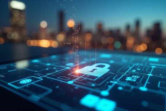 Close-Up of a High-Tech Digital Lock Interface on a Modern Business Asset, Featuring Radiant Lines and Abstract Cybersecurity Patterns