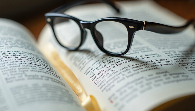 Reading glasses on open book with highlighted text and pages, close-up view of reading material showcasing literature and knowledge. Emphasis on reading glasses underlines importance of study.