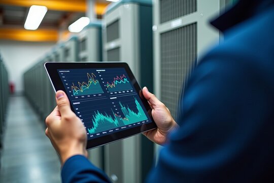 Detailed View of an Engineer's Hands with a Tablet Showcasing Dynamic Graphs and Performance Metrics of a Heat Pump, Set Against a Blurred Industrial Backdrop