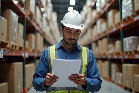 Meticulous Warehouse Worker Analyzes Shipping Manifest Amidst Neatly Arranged Pallets, Highlighting the Precision of Logistics