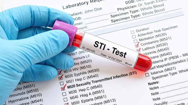 Medical professional in blue gloves holds blood sample tube labeled sti test for sexually transmitted infection diagnosis over laboratory request form with checked boxes for various diseases