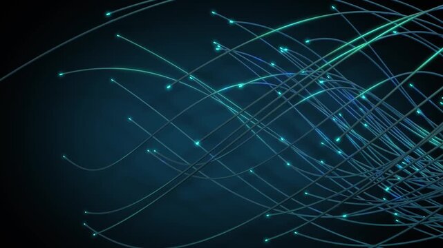 Abstract digital lines glow against deep blue background. Curved fibers pulse with cool light, suggesting data flow. Modern, technological feel evokes innovation and connectivity