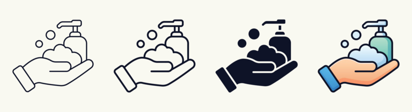 Hand washing with soap dispenser and foam icon set
