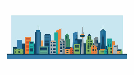 Fototapeta premium A colorful, stylized cityscape featuring a variety of modern buildings and a tall tower under a pale blue sky