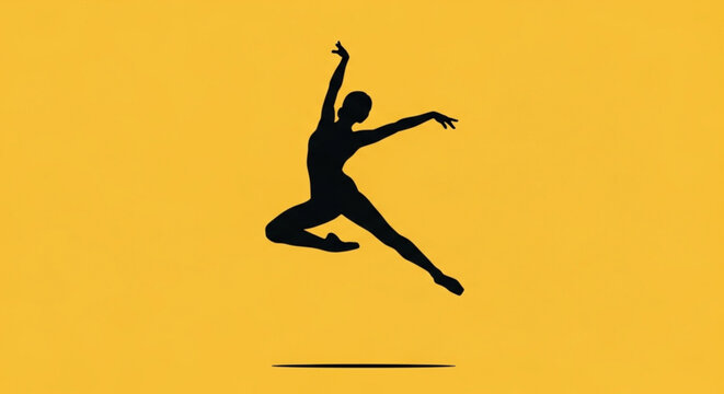 Silhouette of dancer jumping in air with one arm raised