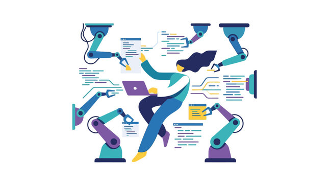 Expert female developer automating software development tasks with robotic arms in efficient workflow flat design vector illustration.