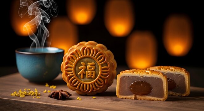 Close up of mooncake with tea cup and glowing lanterns in background for Mid-Autumn Festival festive evening Mid-Autumn Festival