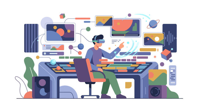 Professional content creator editing multimedia video in virtual reality futuristic studio flat design vector illustration