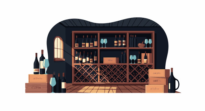 A cozy cellar filled with wine bottles, glasses, and wooden crates, illuminated by sunlight