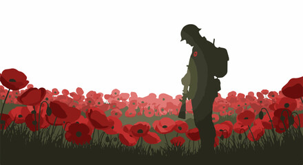 A lone soldier stands in a vast field of red poppies, head bowed in reflection © genjekbaru
