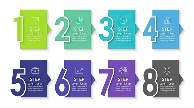 Infographic template with eight numbered steps for business process workflow