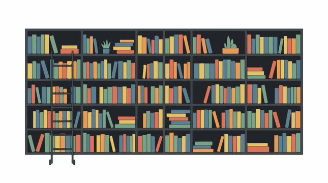 A flat design illustration of a large, dark bookshelf filled with colorful books and a ladder