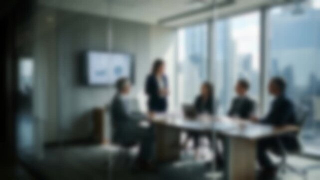 Blurred business meeting in a modern conference room with professionals discussing strategy. Corporate communication, teamwork, leadership and workplace collaboration concept.