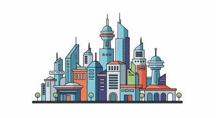 Obraz premium A colorful, stylized cityscape with diverse geometric buildings and rounded trees