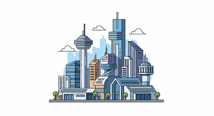 Fototapeta premium A futuristic cityscape featuring diverse modern buildings and a clear sky