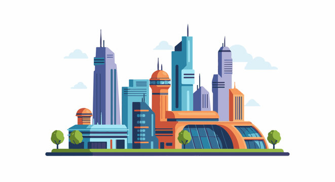 A futuristic city skyline featuring towering buildings of varying shapes, colors, and architectural styles