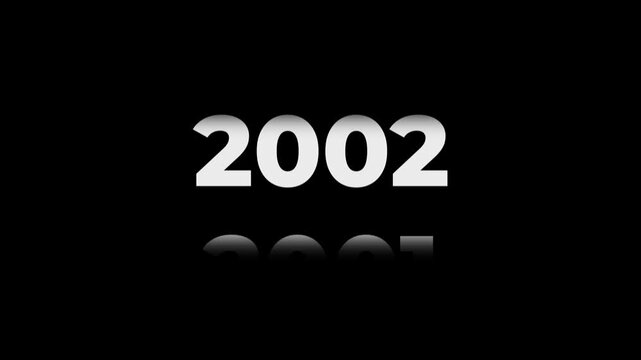 Reverse 25 year counter animation scrolling back from 2026 to 2001. White 3D text on black background. Going back in time flashback and history timeline motion graphics concept.
