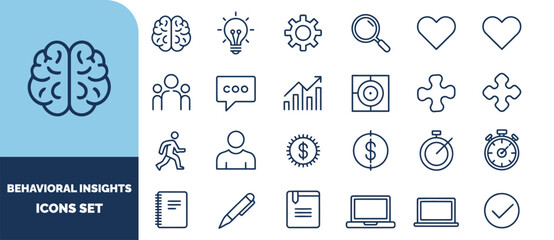 Fototapeta premium Set of thin line featuring a brain, lightbulb, gear, magnifying glass, heart, people, speech bubble, growth chart, and office tools