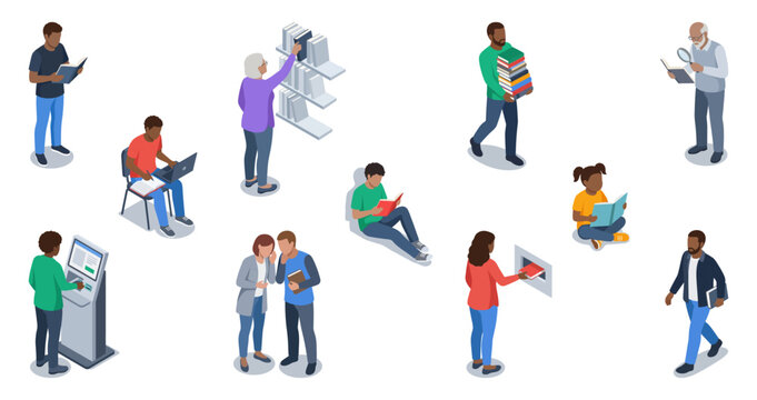 Public library people vector set with diverse characters reading, studying, and borrowing books | Isometric flat illustration graphics