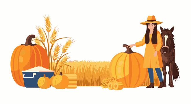 A farmer with a horse and pumpkins celebrates harvest season