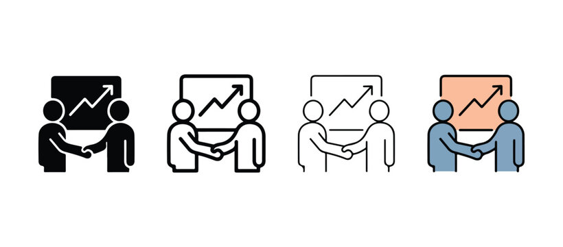 Business partnership handshake icons with graph on screen in different colors  businesspeople shaking hands in front of a screen with a graph going up