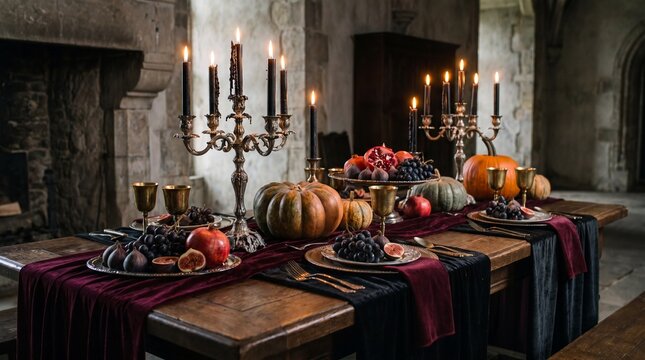 Opulent gothic dinner party table setting with candelabras and pumpkins in a dimly lit stone room